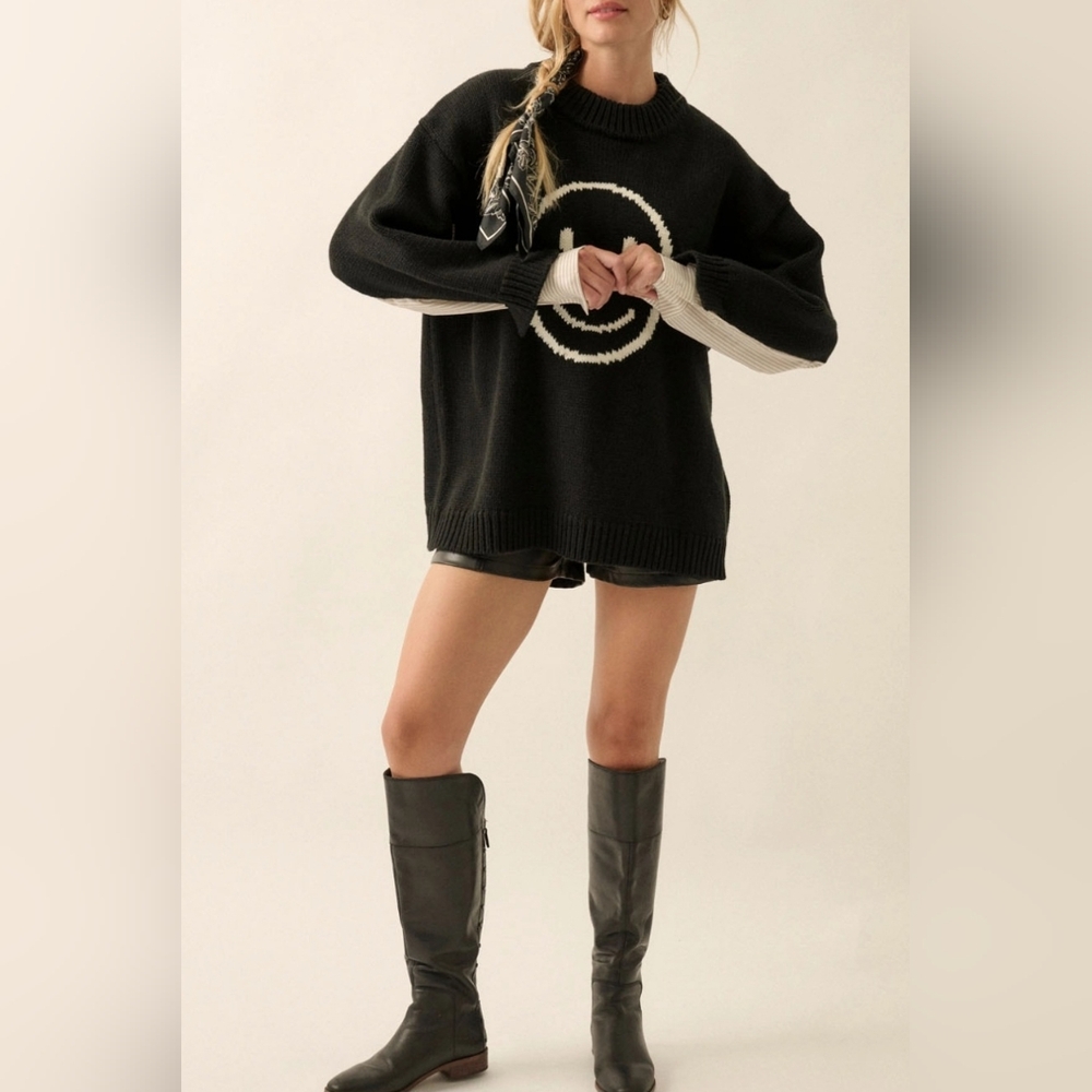 #6284 🩷 🛑M Chic Trendy Smiley Face Contrast Oversize Sweater - Picture 3 of 13